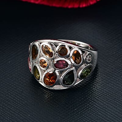 D'Joy Multi-Tourmaline, White Zircon Ring in Rhodium Over Sterling Silver 3.00 ctw (Size 10.0)