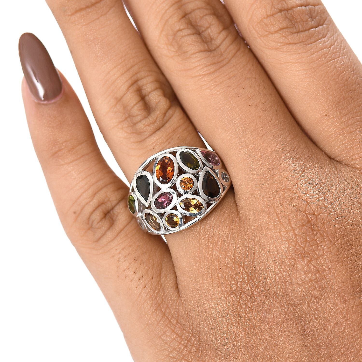 D'Joy Multi-Tourmaline, White Zircon Ring in Rhodium Over Sterling Silver 3.00 ctw (Size 10.0)