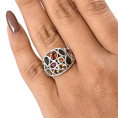 D'Joy Multi-Tourmaline, White Zircon Ring in Rhodium Over Sterling Silver 3.00 ctw (Size 10.0)