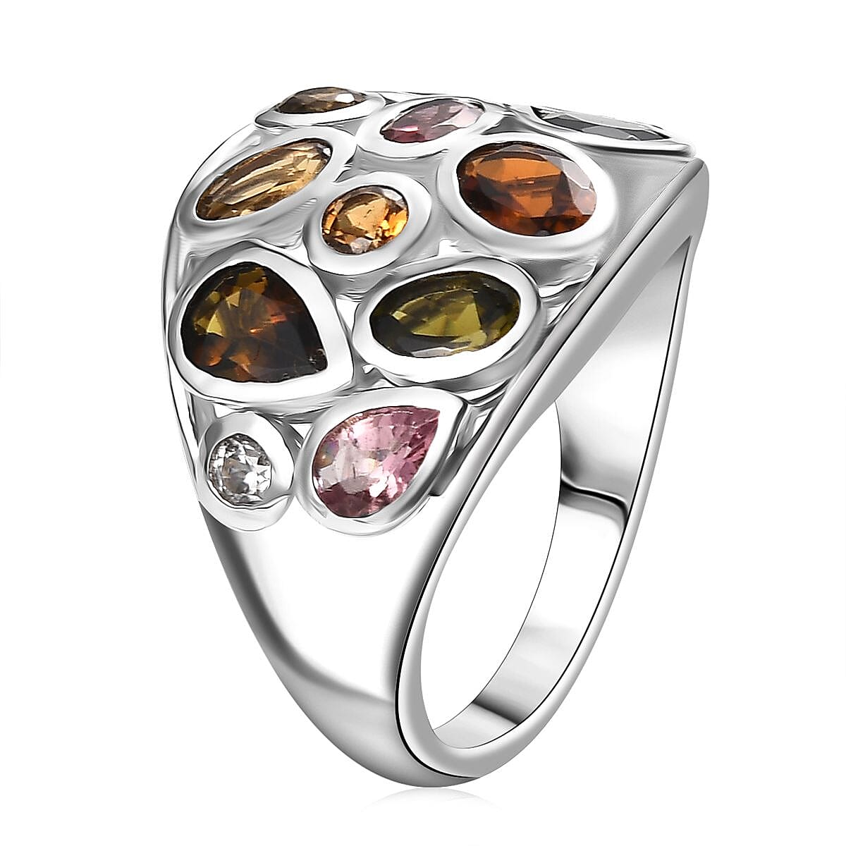 D'Joy Premium Multi-Tourmaline and White Zircon 3.00 ctw Ring in Rhodium Over Sterling Silver (Size 10.0) image number 3