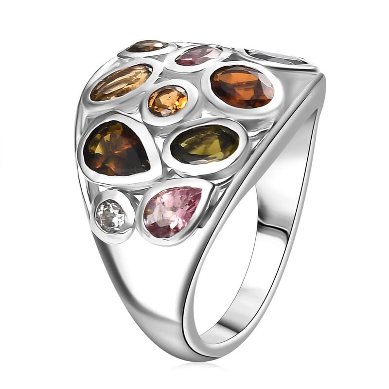D'Joy Multi-Tourmaline, White Zircon Ring in Rhodium Over Sterling Silver 3.00 ctw (Size 10.0)