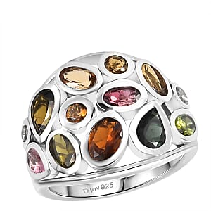 D'Joy Premium Multi-Tourmaline and White Zircon 3.00 ctw Ring in Rhodium Over Sterling Silver (Size 5.0)