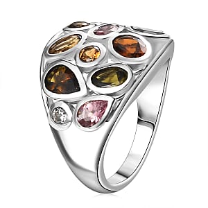 D'Joy Multi-Tourmaline, White Zircon Ring in Rhodium Over Sterling Silver 3.00 ctw (Size 7.0)