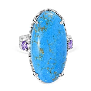 EverTrue Blue Turquoise and Simulated Blue Diamond 27.53 ctw Ring in Stainless Steel (Size 5.5)