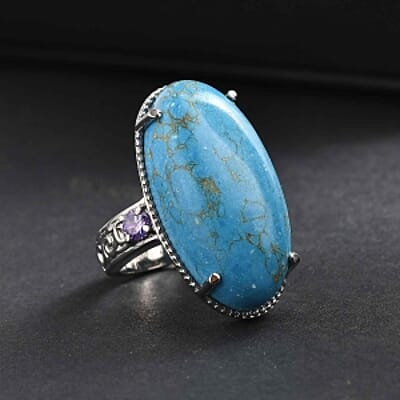 EverTrue Blue Turquoise and Simulated Blue Diamond 27.53 ctw Ring in Stainless Steel (Size 5.5)
