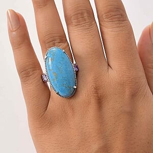 EverTrue Blue Turquoise and Simulated Blue Diamond 27.53 ctw Ring in Stainless Steel (Size 5.5)