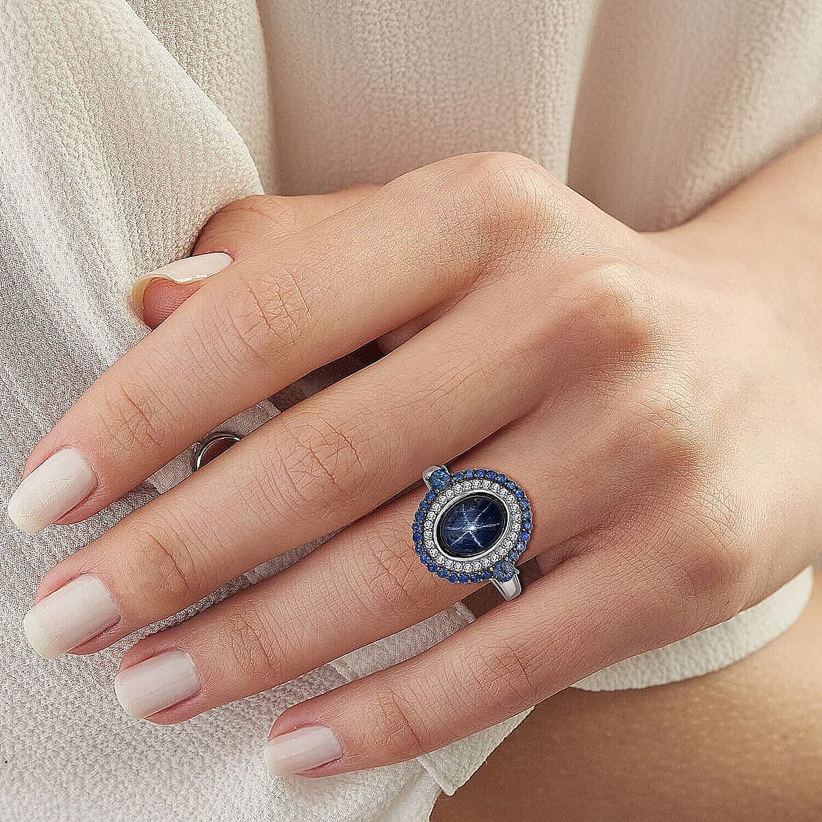 D'Joy Premium Blue Star Sapphire (DF) 10.0) and Multi Gemstone 5.75 ctw Royal Starflare Ring in Rhodium Over Sterling Silver (Size 10.0) image number 2