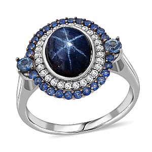 D'Joy Premium Blue Star Sapphire (DF) 11.0) and Multi Gemstone 5.75 ctw Royal Starflare Ring in Rhodium Over Sterling Silver (Size 10.0)