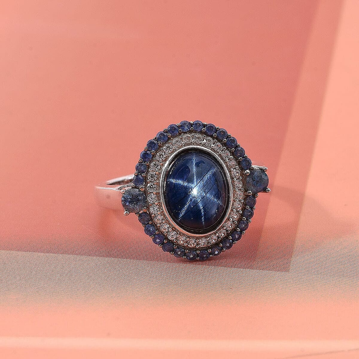 D'Joy Premium Blue Star Sapphire (DF) 11.0) and Multi Gemstone 5.75 ctw Royal Starflare Ring in Rhodium Over Sterling Silver (Size 10.0) image number 1