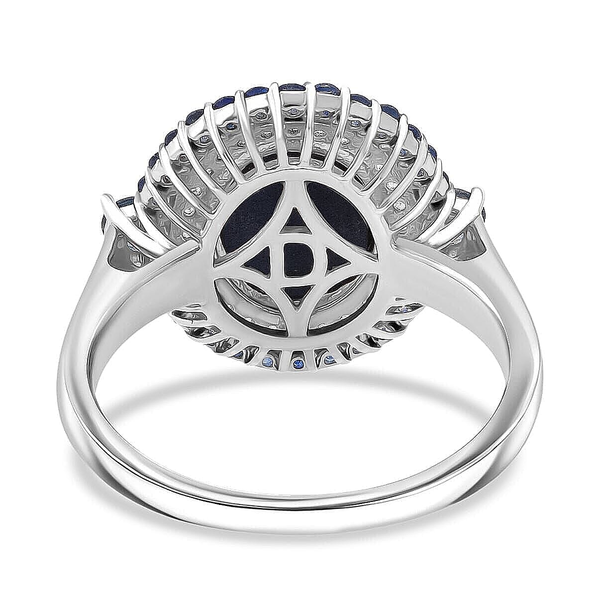 D'Joy Premium Blue Star Sapphire (DF) 11.0) and Multi Gemstone 5.75 ctw Royal Starflare Ring in Rhodium Over Sterling Silver (Size 10.0) image number 4