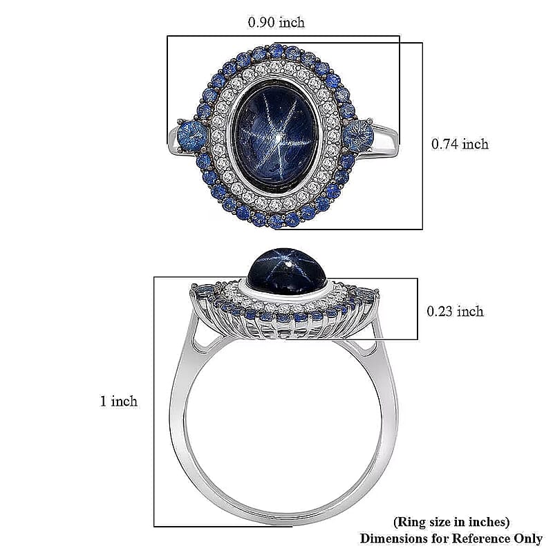 D'Joy Blue Star Sapphire, Multi Gemstone Ring in Rhodium Over Sterling Silver 5.75 ctw (Size 11.0)