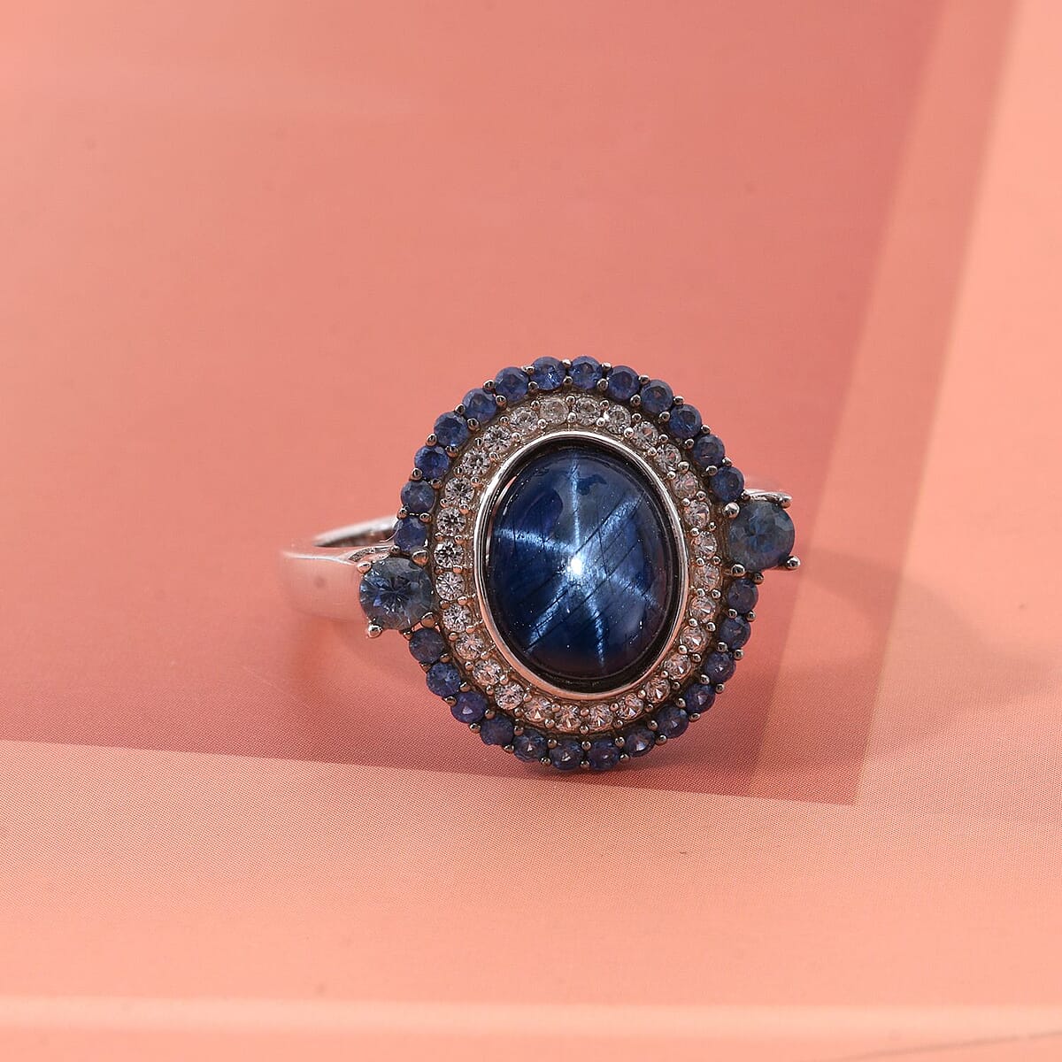D'Joy Premium Blue Star Sapphire (DF) and Multi Gemstone 5.75 ctw Royal Starflare Ring in Rhodium Over Sterling Silver (Size 8.0) image number 1
