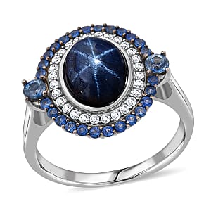 D'Joy Premium Blue Star Sapphire (DF) 9.0) and Multi Gemstone 5.75 ctw Royal Starflare Ring in Rhodium Over Sterling Silver (Size 10.0)