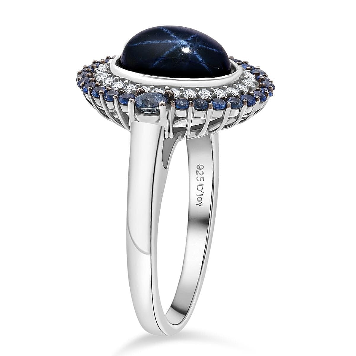 D'Joy Premium Blue Star Sapphire (DF) 9.0) and Multi Gemstone 5.75 ctw Royal Starflare Ring in Rhodium Over Sterling Silver (Size 10.0) image number 3