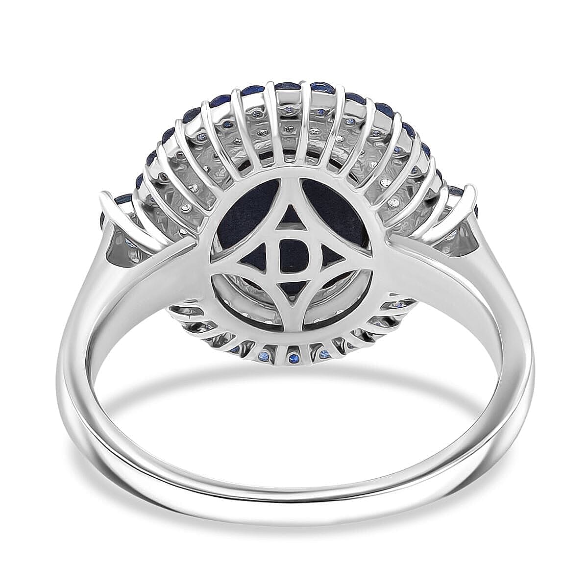 D'Joy Premium Blue Star Sapphire (DF) 9.0) and Multi Gemstone 5.75 ctw Royal Starflare Ring in Rhodium Over Sterling Silver (Size 10.0) image number 4