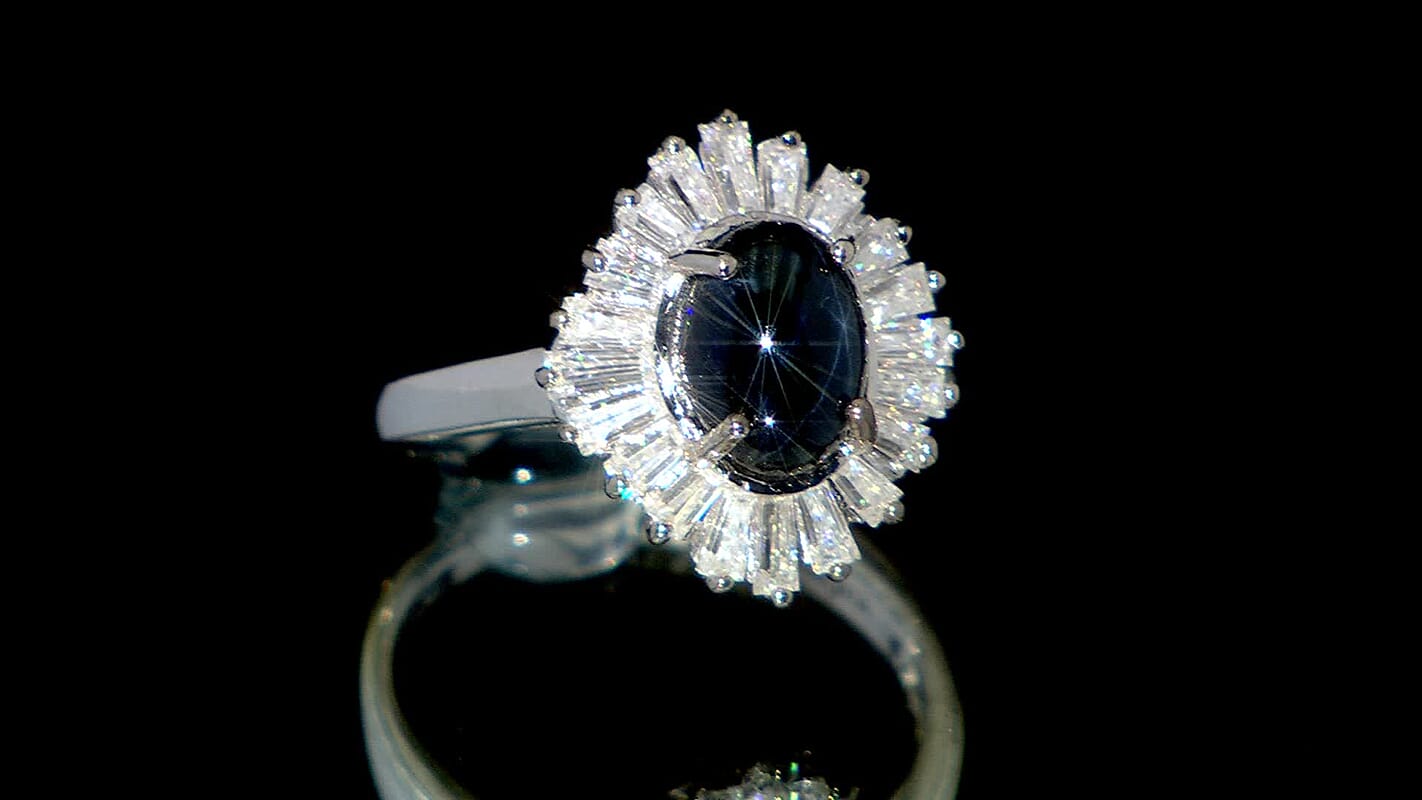 D'Joy Premium Blue Star Sapphire (DF) and Moissanite 3.15 ctw Ring in Rhodium Over Sterling Silver (Size 10)
