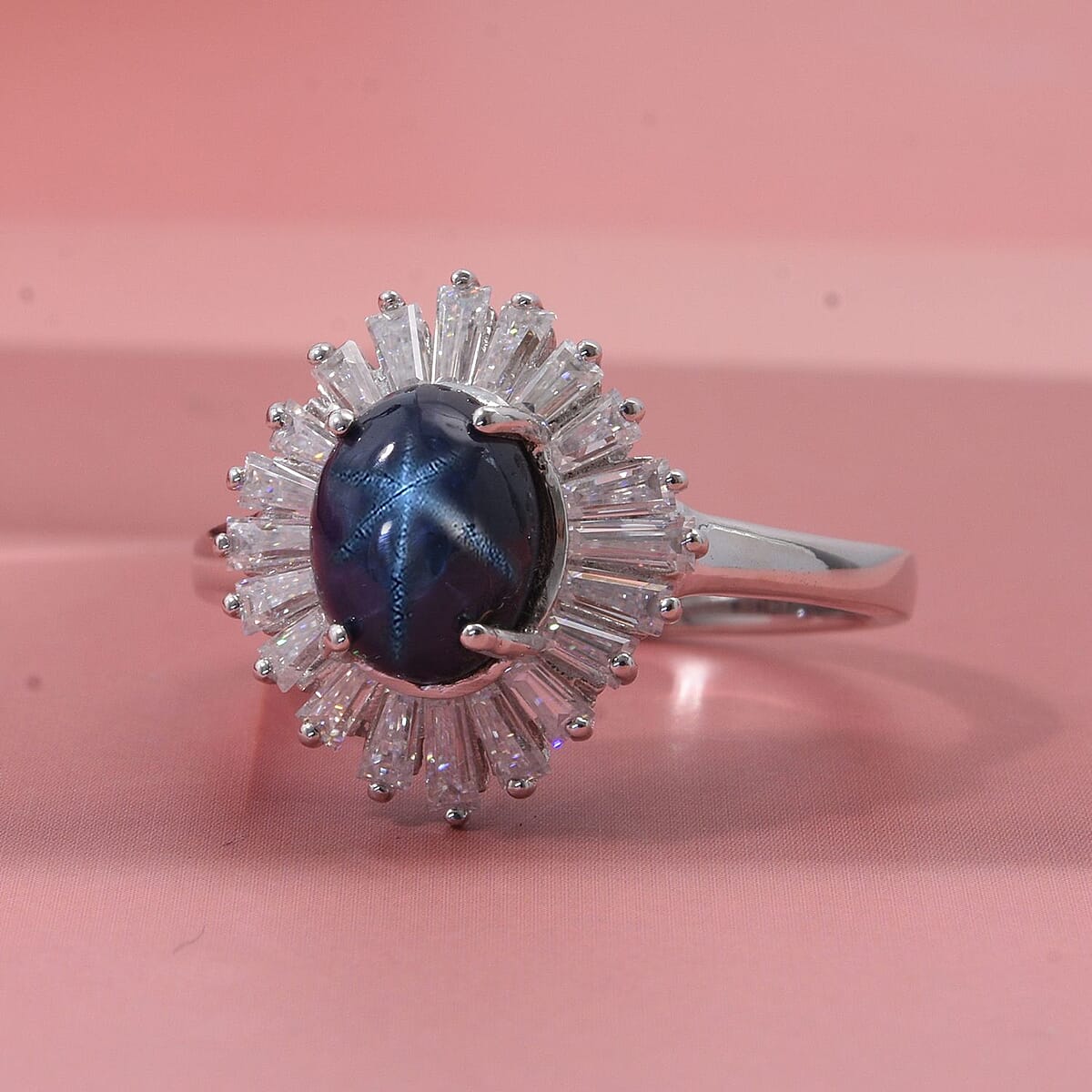D'Joy Premium Blue Star Sapphire (DF) and Moissanite 3.15 ctw Celestial Crown Ring in Rhodium Over Sterling Silver (Size 7.0) image number 1