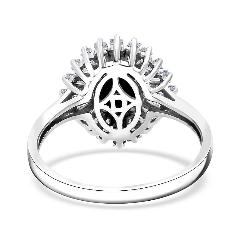 D'Joy Premium Blue Star Sapphire (DF) and Moissanite 3.15 ctw Celestial Crown Ring in Rhodium Over Sterling Silver (Size 7.0)