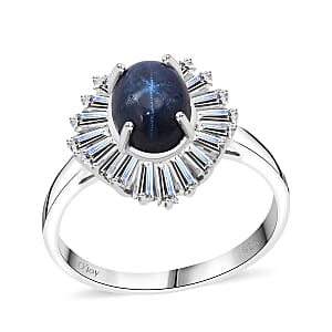 D'Joy Premium Blue Star Sapphire (DF) and Moissanite 3.15 ctw Ring in Rhodium Over Sterling Silver (Size 8.0)
