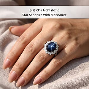 Premium Blue Star Sapphire (DF) 10.0) and Moissanite 9.15 ctw Starborn Majesty Ring in 10K White Gold (Size 10.0)