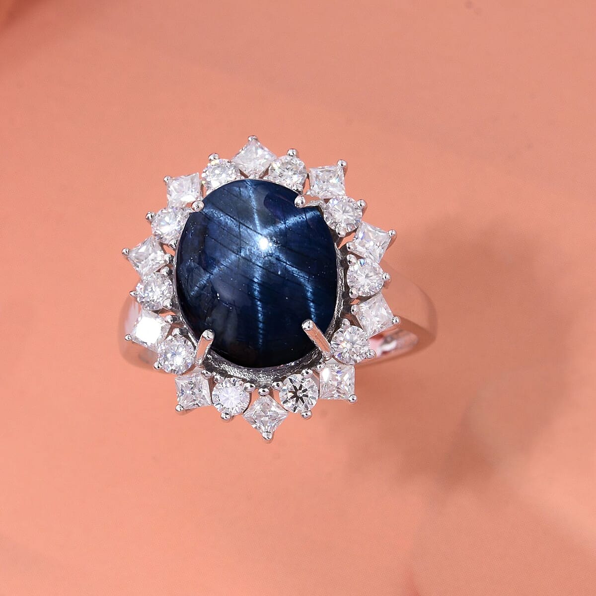 Luxoro Premium Blue Star Sapphire (DF) and Moissanite 9.15 ctw Starborn Majesty Ring in 10K White Gold (Size 8.0) image number 1