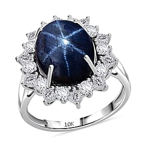 Premium Blue Star Sapphire (DF) 10.0) and Moissanite 9.15 ctw Starborn Majesty Ring in 10K White Gold (Size 10.0)