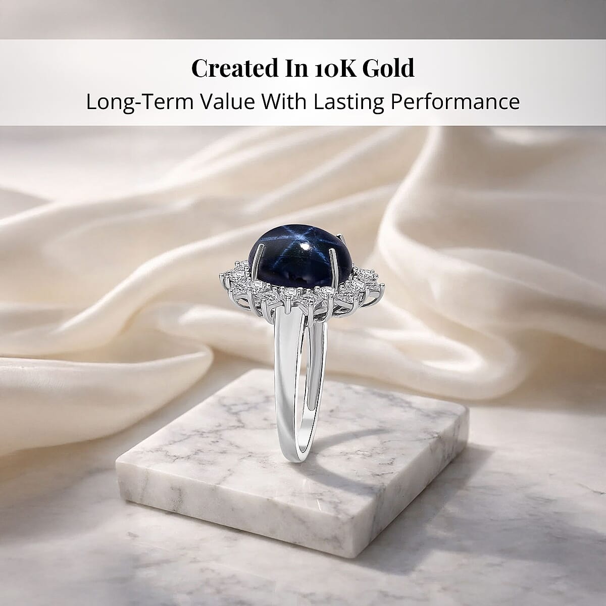 Premium Blue Star Sapphire (DF) 10.0) and Moissanite 9.15 ctw Starborn Majesty Ring in 10K White Gold (Size 10.0) image number 2