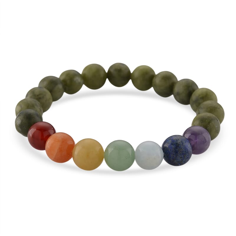 Connemara Marble with Multi Gemstone 140.00 ctw Seven Chakra Beaded Stretch Bracelet