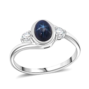 D'Joy Premium Blue Star Sapphire (DF) and Moissanite 1.75 ctw Ring in Rhodium Over Sterling Silver (Size 9.0)