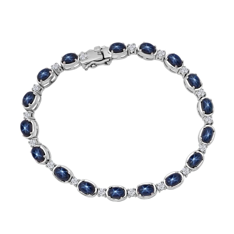 D'Joy Blue Star Sapphire (DF) and Moissanite 12.15 ctw Eternal Starlace Bracelet in Rhodium Over Sterling Silver (6.50 In)
