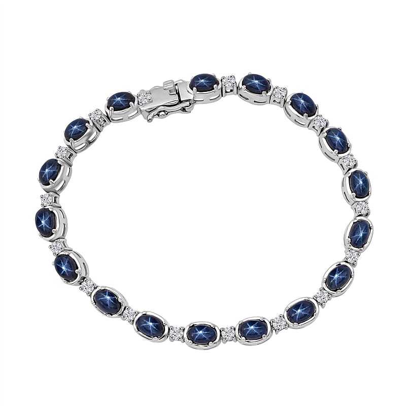 D'Joy Blue Star Sapphire (DF) and Moissanite 12.15 ctw Eternal Starlace Bracelet in Rhodium Over Sterling Silver (6.50 In)