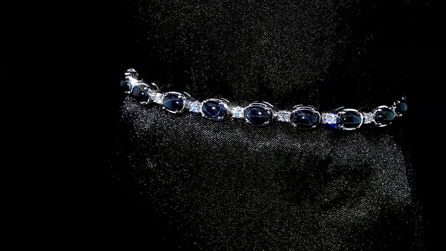 D'Joy Blue Star Sapphire (DF) and Moissanite 12.15 ctw Bracelet in Rhodium Over Sterling Silver (6.50 In)