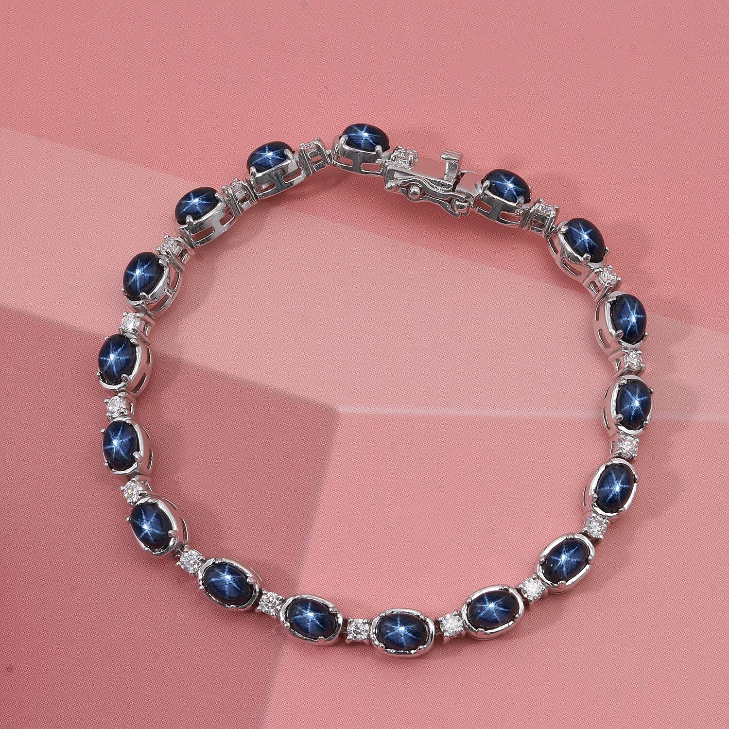 D'Joy Blue Star Sapphire (DF) and Moissanite 13.80 ctw Eternal Starlace Bracelet in Rhodium Over Sterling Silver (7.25 In)