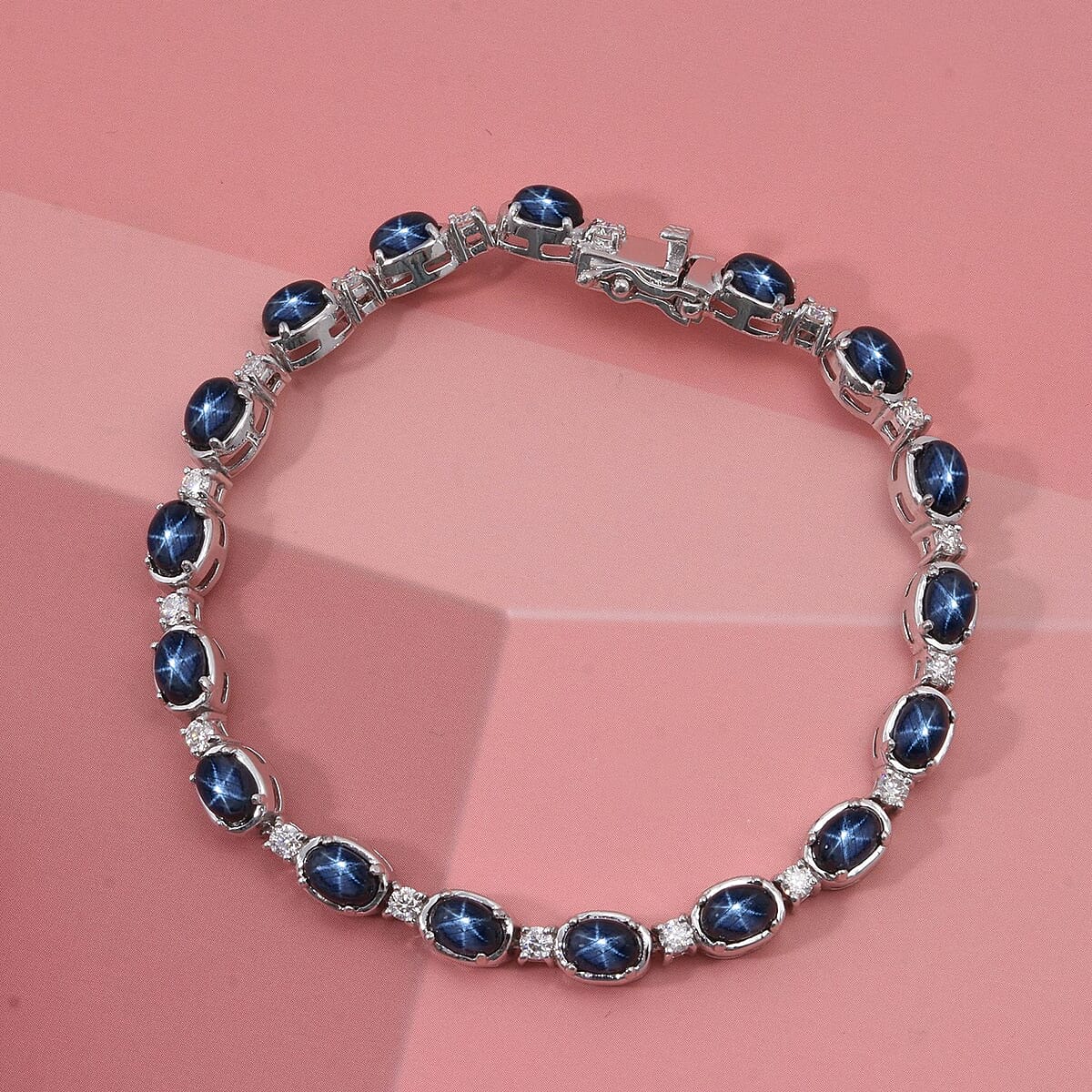 D'Joy Blue Star Sapphire (DF) and Moissanite 15.40 ctw Eternal Starlace Bracelet in Rhodium Over Sterling Silver (8.00 In) image number 1