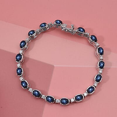 D'Joy Blue Star Sapphire (DF) and Moissanite 15.40 ctw Eternal Starlace Bracelet in Rhodium Over Sterling Silver (8.00 In)