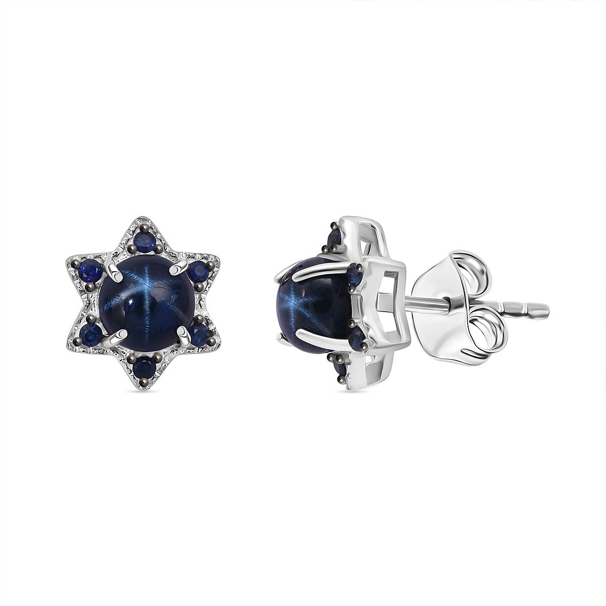 D'Joy Premium Blue Star Sapphire (DF) and Blue Sapphire 1.75 ctw Earrings in Rhodium Over Sterling Silver image number 0