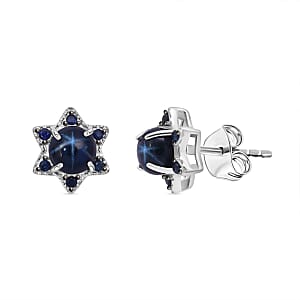 D'Joy Premium Blue Star Sapphire (DF) and Blue Sapphire 1.75 ctw Earrings in Rhodium Over Sterling Silver