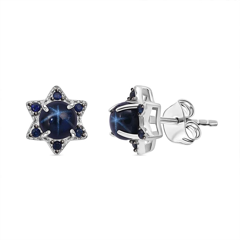 D'Joy Premium Blue Star Sapphire (DF) and Blue Sapphire 1.75 ctw Stud Earrings in Rhodium Over Sterling Silver