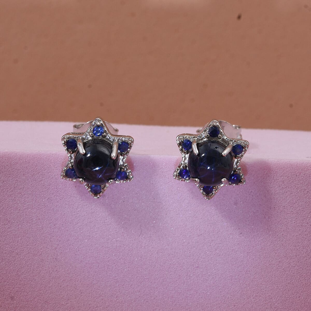 D'Joy Premium Blue Star Sapphire (DF) and Blue Sapphire 1.75 ctw Earrings in Rhodium Over Sterling Silver image number 1