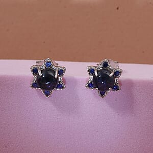 D'Joy Premium Blue Star Sapphire (DF) and Blue Sapphire 1.75 ctw Stud Earrings in Rhodium Over Sterling Silver