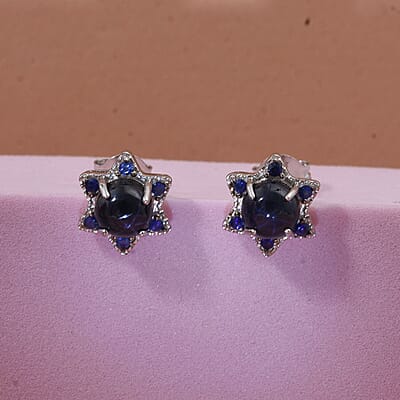 D'Joy Premium Blue Star Sapphire (DF) and Blue Sapphire 1.75 ctw Stud Earrings in Rhodium Over Sterling Silver