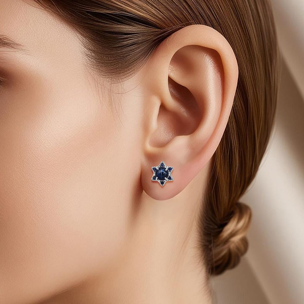 D'Joy Premium Blue Star Sapphire (DF) and Blue Sapphire 1.75 ctw Earrings in Rhodium Over Sterling Silver image number 2