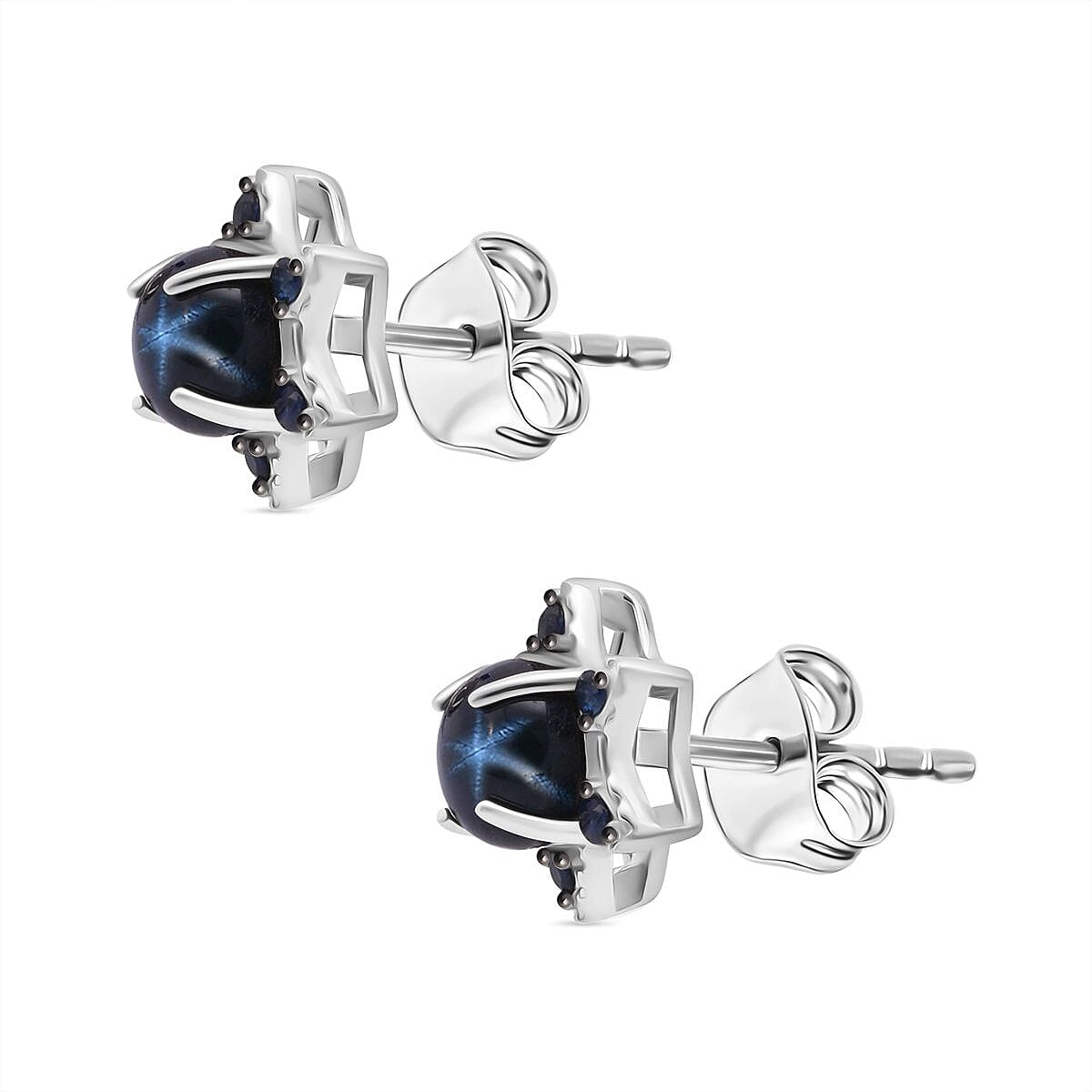 D'Joy Premium Blue Star Sapphire (DF) and Blue Sapphire 1.75 ctw Earrings in Rhodium Over Sterling Silver image number 3