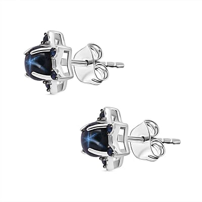 D'Joy Premium Blue Star Sapphire (DF) and Blue Sapphire 1.75 ctw Stud Earrings in Rhodium Over Sterling Silver
