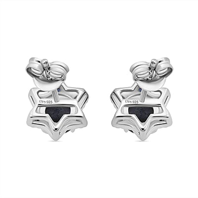 D'Joy Premium Blue Star Sapphire (DF) and Blue Sapphire 1.75 ctw Stud Earrings in Rhodium Over Sterling Silver
