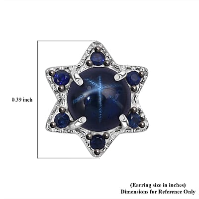 D'Joy Premium Blue Star Sapphire (DF) and Blue Sapphire 1.75 ctw Stud Earrings in Rhodium Over Sterling Silver