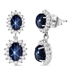 D'Joy Premium Blue Star Sapphire (DF) and White Zircon 5.75 ctw Earrings in Rhodium Over Sterling Silver
