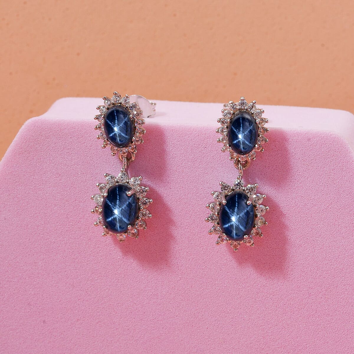 D'Joy Premium Blue Star Sapphire (DF) and White Zircon 5.75 ctw Earrings in Rhodium Over Sterling Silver image number 1