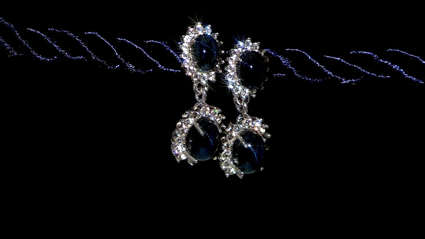 D'Joy Premium Blue Star Sapphire (DF) and White Zircon 5.75 ctw Earrings in Rhodium Over Sterling Silver