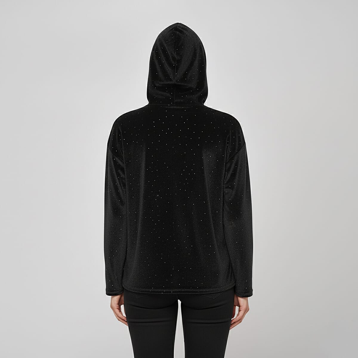 Doorbuster Tamsy Black Crystal Embedded Glitter Top with Hoodie - One Size Fits Most image number 1